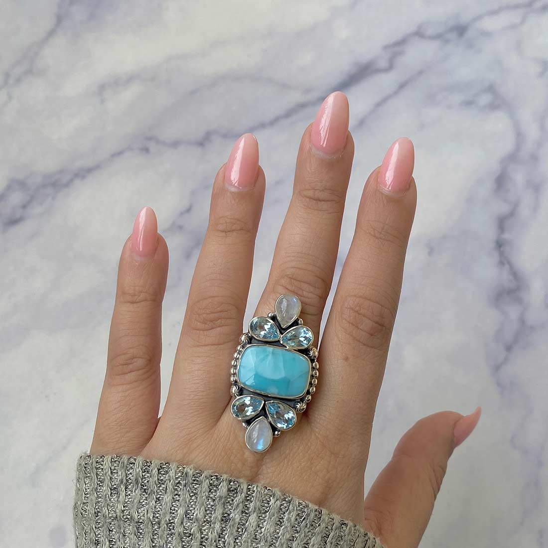 Larimar, Moonstone And Blue Topaz Crawler Statement Adjustable Ring-(LAR-CLS-13.)